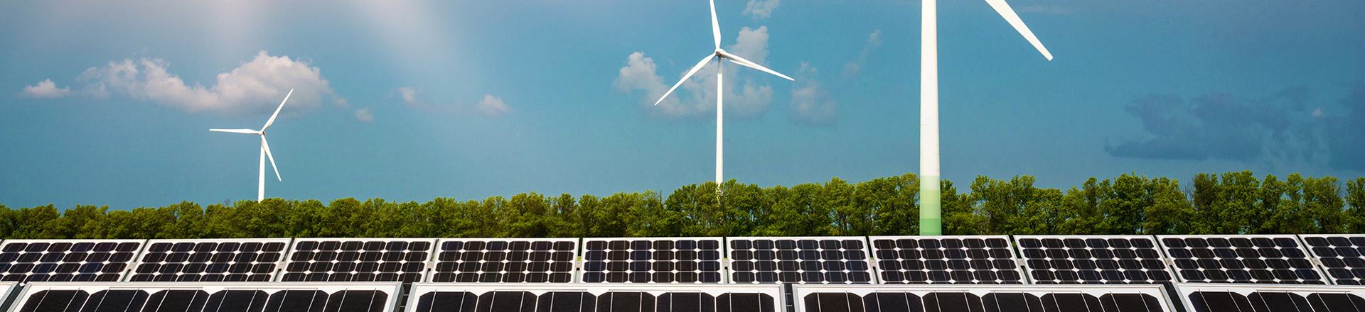 Photo collage of solar panels and wind turbins - concept of sust